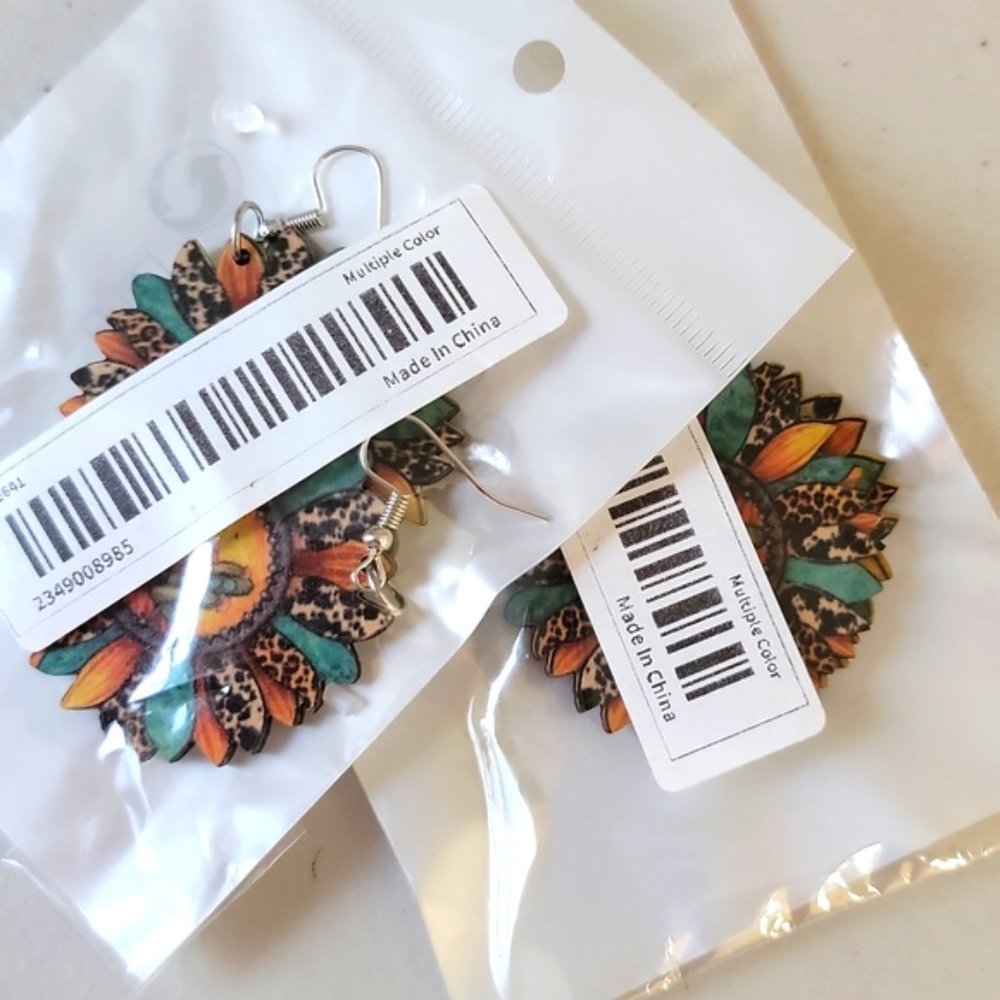 Sunflower Dangle Drop Wooden Earrings Orange Yellow 2" Pierced Ears New - Picture 3 of 8